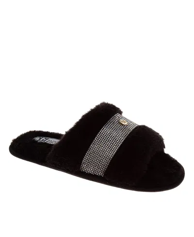 Badgley Mischka Women's Fuzzy Rhinestone Logo Slippers In Black