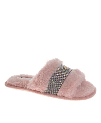 Badgley Mischka Women's Fuzzy Rhinestone Logo Slippers In Pink