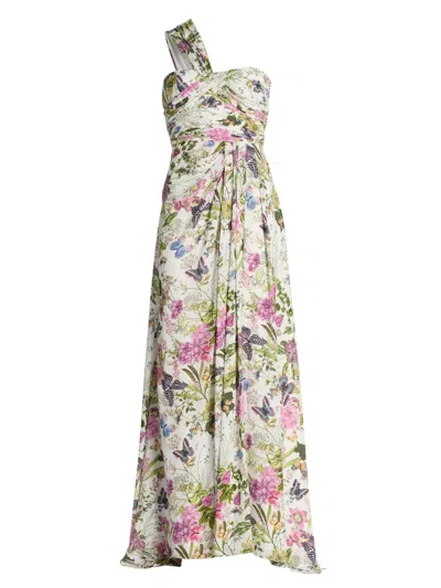 Badgley Mischka Women's Gathered Floral One-shoulder Gown In Multi