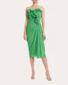 Badgley Mischka Strapless Pleated Georgette Midi Dress In Green