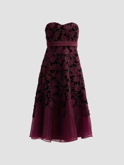 Badgley Mischka Floral Embroidered Strapless Cocktail Midi Dress In Brown