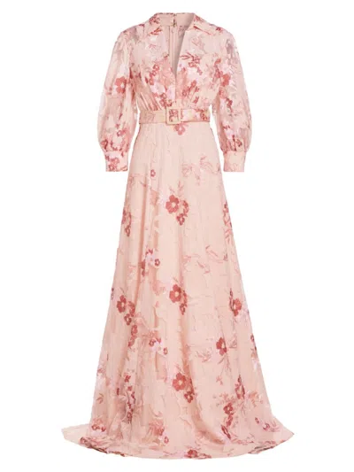 Badgley Mischka Women's Lace Belted Gown In Blush Multi