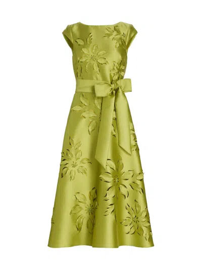 Badgley Mischka Women's Lasercut Floral Tie Waist Midi-dress In Green