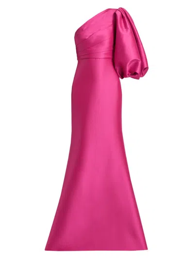 Badgley Mischka One-sleeve Draped Faille Gown In Pink