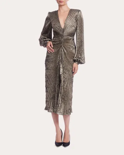Badgley Mischka V Neck Long Sleeve Plisse Midi Cocktail Dress In Copper In Silver