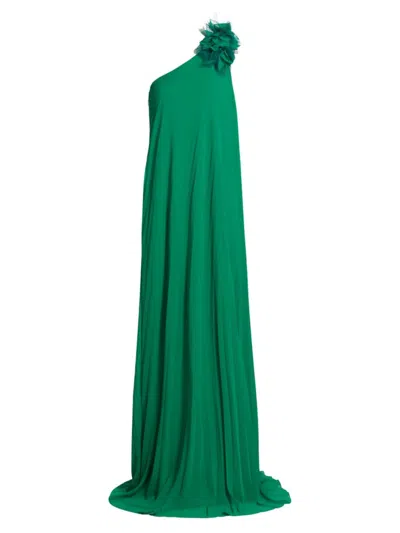 Badgley Mischka One Shoulder Pleated Caftan Gown In Palm Green