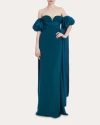 Badgley Mischka Off-the-shoulder Gown With Puff Sleeve Train In Blue