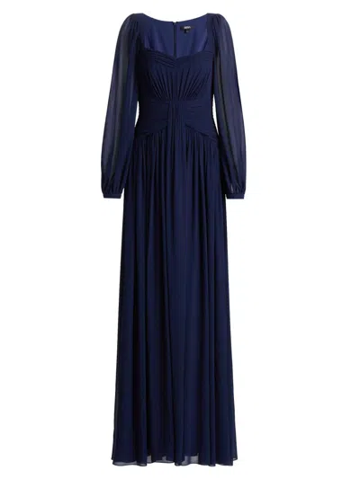 Badgley Mischka Draped Blouson-sleeve Sweetheart Gown In Blue