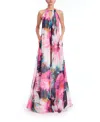 Badgley Mischka Gathered Printed Chiffon Maxi Dress In Multi