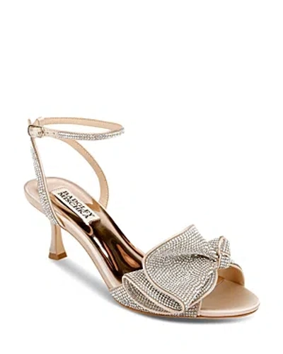 BADGLEY MISCHKA WOMEN'S REMI ALMOND TOE RHINESTONE RUFFLE MID HEEL SANDALS