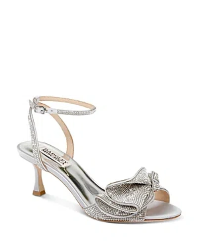 BADGLEY MISCHKA WOMEN'S REMI ALMOND TOE RHINESTONE RUFFLE MID HEEL SANDALS