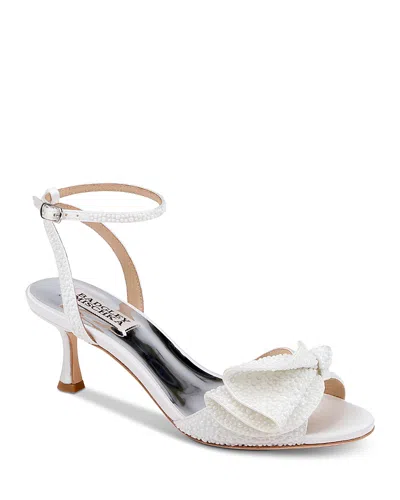 Badgley Mischka Women's Remi Almond Toe Rhinestone Ruffle Mid Heel Sandals In White