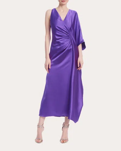 Badgley Mischka Asymmetric Ruched Satin-crepe Midi Dress In Purple