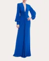 Badgley Mischka Ruched Deep V-neck Jersey Gown In Blue
