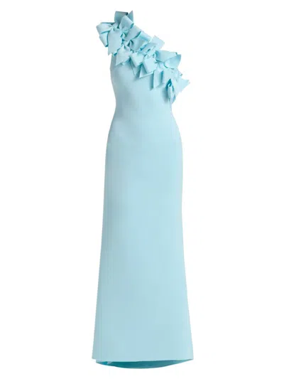 Badgley Mischka Asymmetrical One-shoulder Column Sheath Dress In Hydra Blue