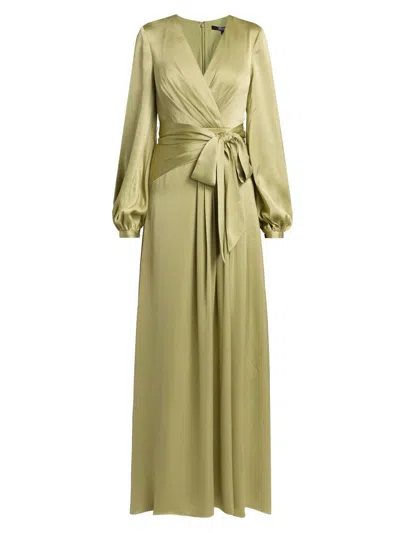 Badgley Mischka Wrap-effect Hammered-satin Maxi Dress In Green