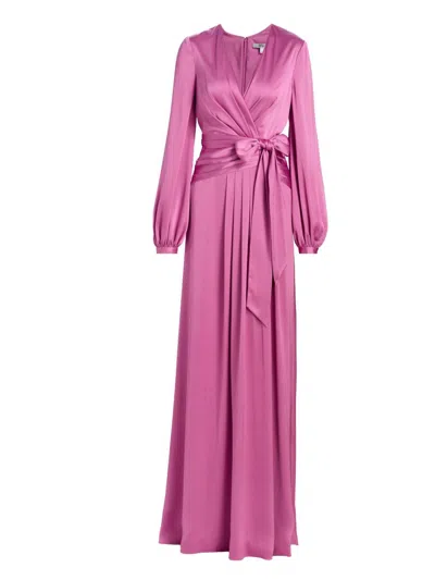 Badgley Mischka Satin Faux-wrap Long Sleeve Gown In Purple