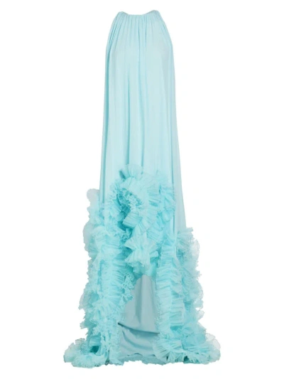 Badgley Mischka Women's Sleeveless Ruffled Hi-low Gown In Ice Blue