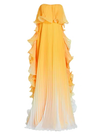 Badgley Mischka Women's Strapless Ombréd Ruffled Gown In Lemon Multi