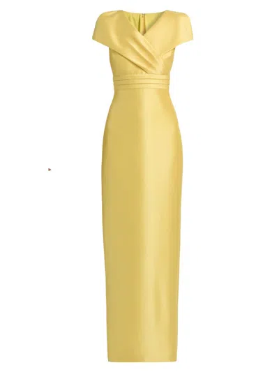 Badgley Mischka Faux-wrap Mikado Column Gown In Yellow