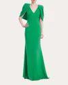 Badgley Mischka Cape-sleeve Crepe Trumpet Gown In Green