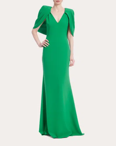 Badgley Mischka Cape-sleeve Crepe Trumpet Gown In Green
