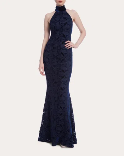 Badgley Mischka Sleeveless Floral Velvet Lace Halter Gown In Blue