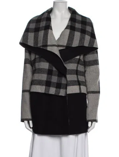 Pre-owned Badgley Mischka Wool Plaid Print Coat In Black