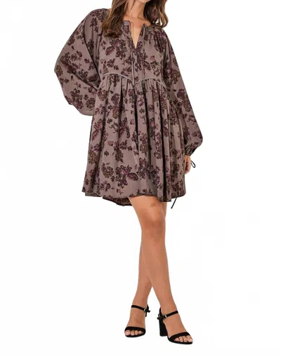 Baevely By Wellmade Cleo Printed Floral Baby Doll Dress With Ties In Dark Taupe In Brown