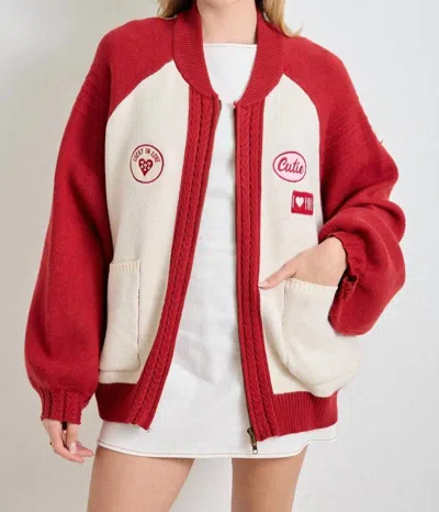 Baevely By Wellmade Cutie Patch Zip-up Knit Sweater In Cream/red In Animal Print