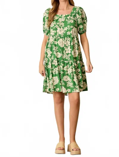 Baevely By Wellmade Dolly Floral Print Balloon Sleeve Tiered Dress In Green/white In Multi