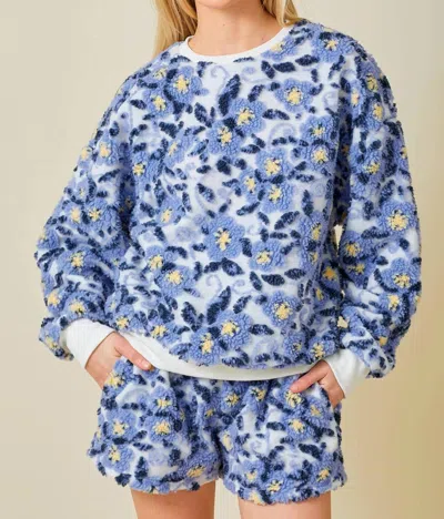 Baevely By Wellmade Floral Bliss Sherpa Pullover In Ivory In Blue