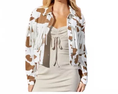 Baevely By Wellmade Midnight Rodeo Cow Print Tassel Denim Jacket In Brown/white