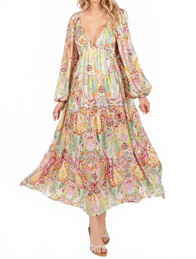 Baevely By Wellmade Paisley Floral Metallic Striped Tiered Long Puff Sleeve Maxi Dress In Multi-color