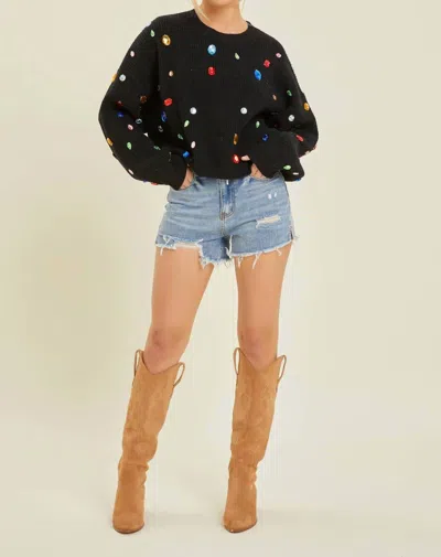 Baevely By Wellmade She's A Gem Rhinestone Sweater In Black