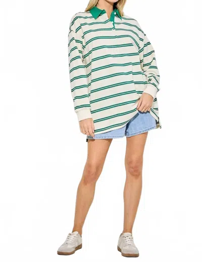Baevely By Wellmade Striped Oversized Rugby Polo Shirt In Cream/green In White