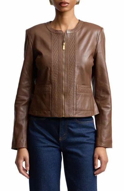 Bagatelle Basketweave Detail Leather Jacket In Brown