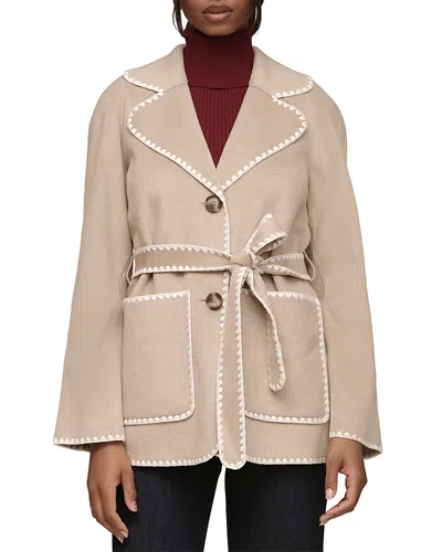 Bagatelle Belted Jacket With Crochet Trim In Neutral