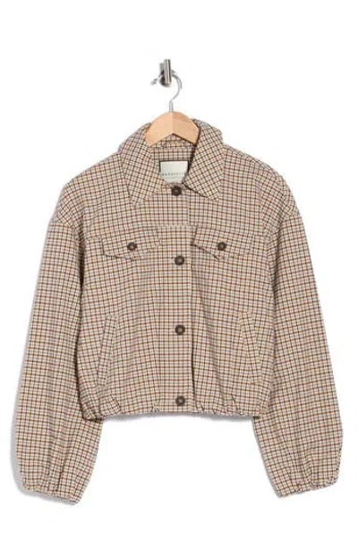 Bagatelle Bubble Hem Plaid Trucker Jacket In Brown
