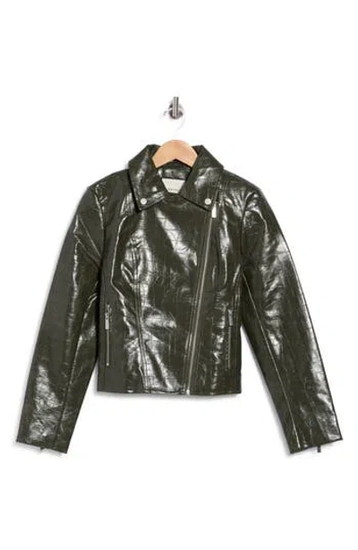 Bagatelle Croc Embossed Faux Leather Moto Jacket In Green