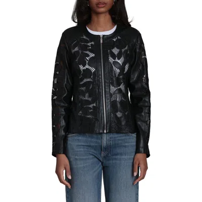 Bagatelle Embroidered Lace Faux Leather Moto Jacket In Black