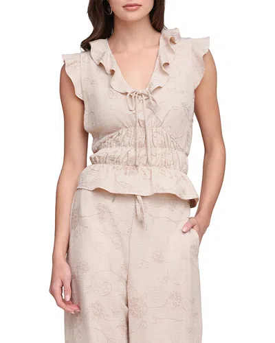 Bagatelle Embroidered Tie Front Smock Top In Neutral