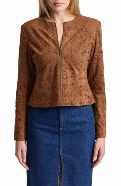 Bagatelle Eyelet Faux Suede Jacket In Saddle