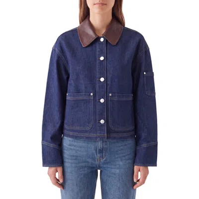 Bagatelle Faux Leather Collar Cropped Denim Trucker Jacket In Blue