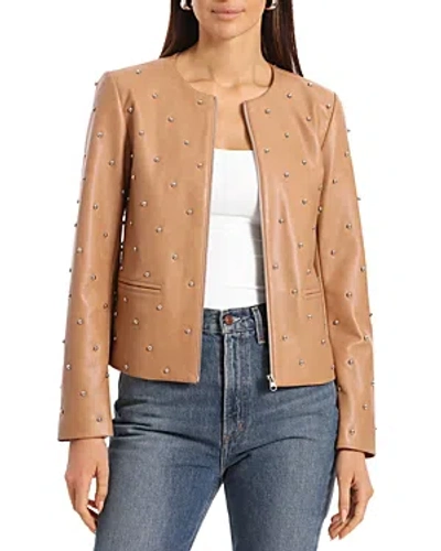 Bagatelle Faux Leather Studded Zip Jacket In Camel