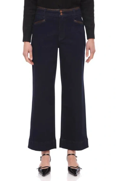 Bagatelle Faux Leather Trim Crop Wide Leg Jeans In Blue