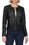 Bagatelle Floral Ladder Cutout Faux Leather Jacket In Black
