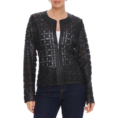 Bagatelle Floral Mesh Lady Like Faux Leather Trim Jacket In Black