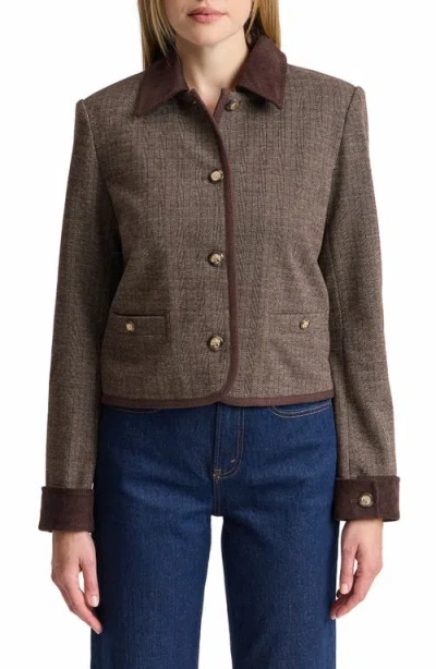 Bagatelle Herringbone Jacket With Corduroy Trim In Brown Herringbone