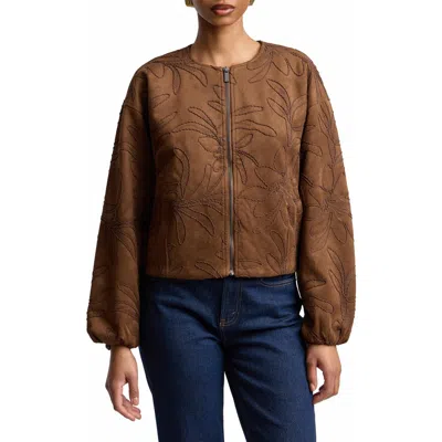 Bagatelle Leaf Embroidery Faux Suede Jacket In Brown